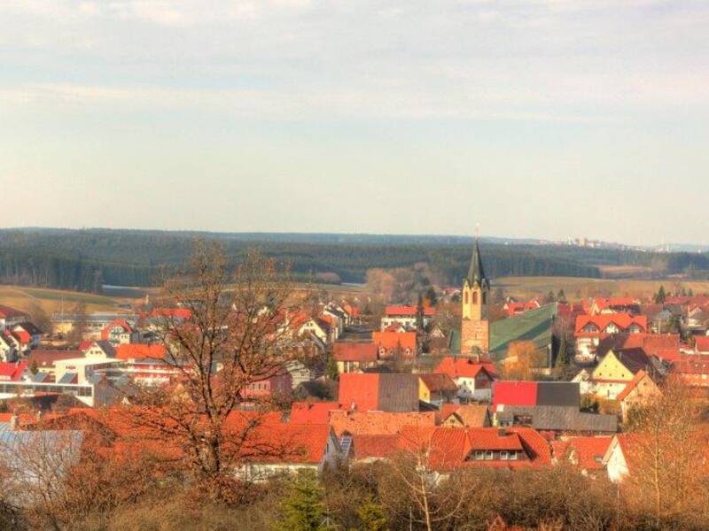 Eine idyllische Kleinstadt mit vielen roten Dächern und einem Kirchturm, umgeben von ländlicher Landschaft und Wäldern, erstreckt sich bis zum Horizont.