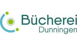 Das Bild zeigt das Logo der Bücherei Dunningen mit einem gestylten blauen Halbkreis und grünen Kreisen neben dem Schriftzug.