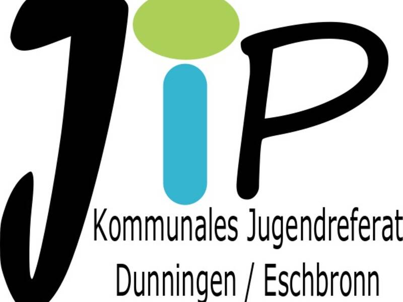 Das Bild zeigt das Logo des Kommunalen Jugendreferats Dunningen/Eschbronn mit den Buchstaben "JiP" in Schwarz und Blau-Grün.