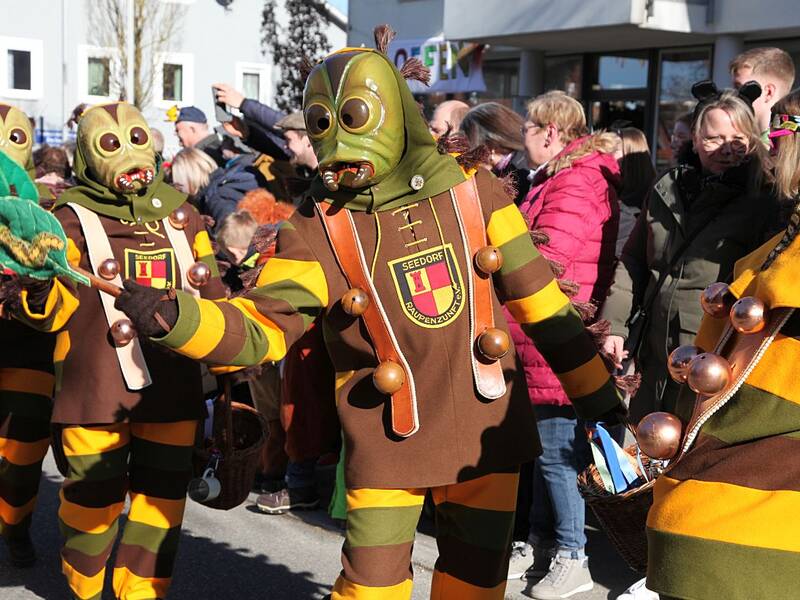 Mehrere Personen in farbenfrohen, gestreiften Kostümen und Masken marschieren bei einem Umzug an einer zuschauenden Menge vorbei.