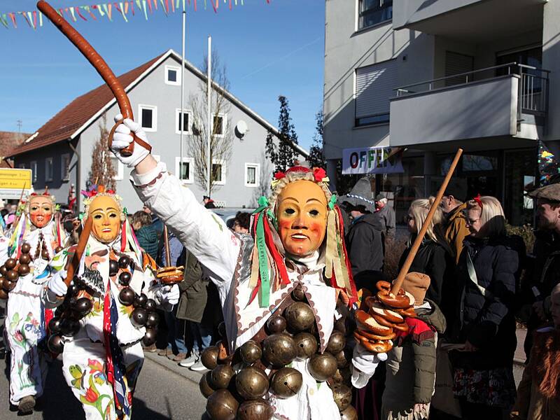 Mehrere Personen in farbenfrohen Kostümen und Masken marschieren bei einem Umzug an einer zuschauenden Menge vorbei.