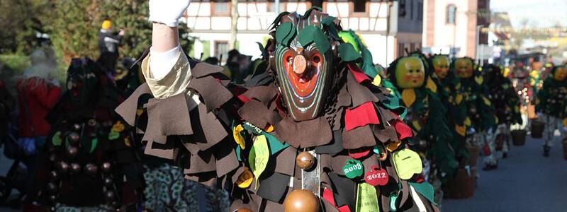 Eine Person in einem traditionellen, bunten Kostüm mit Maske und Glocken nimmt an einem Umzug vor malerischen Fachwerkhäusern teil.