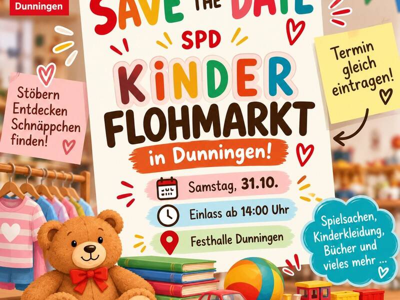 Buntes Werbebild für einen Kinderflohmarkt in Dunningen, mit Spielzeug, Kinderkleidung und Büchern vor einem großen Plakat.